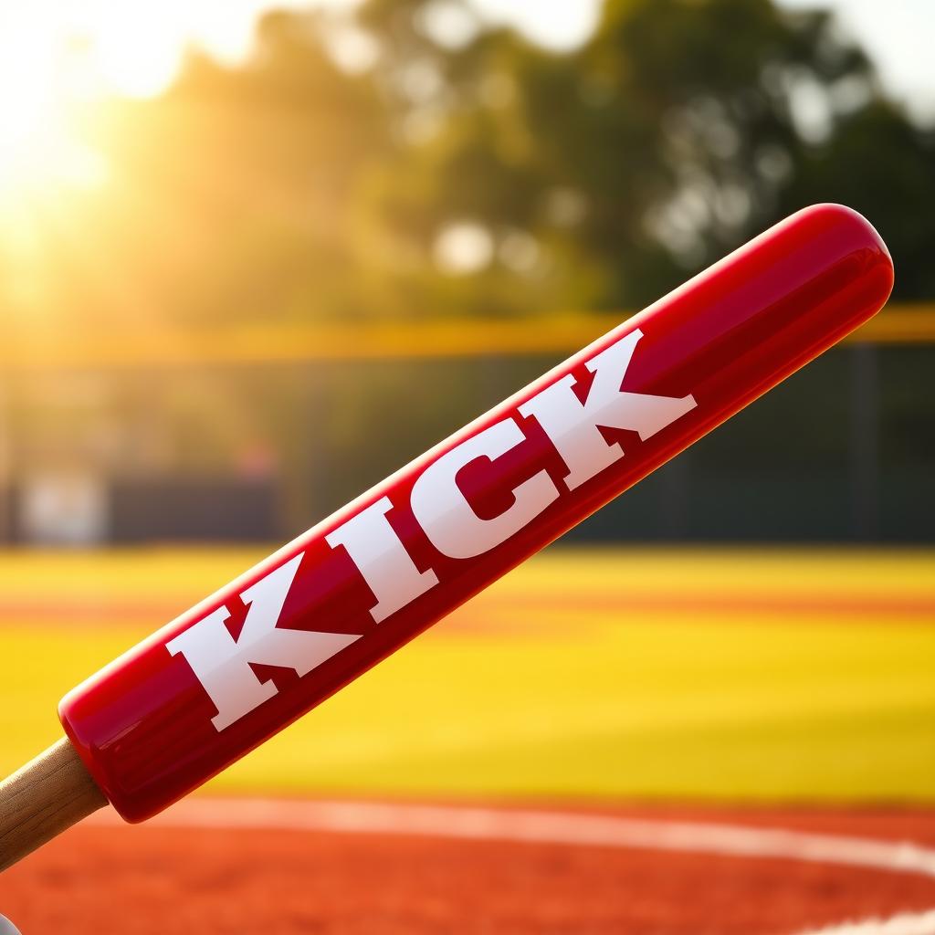 A vibrant red baseball bat featuring bold white letters spelling out "KICK" emblazoned down its length