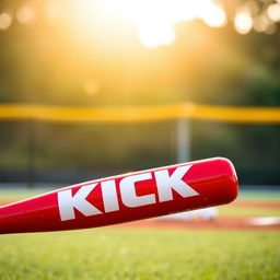 A vibrant red baseball bat featuring bold white letters spelling out "KICK" emblazoned down its length