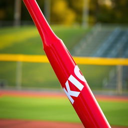 A vibrant red baseball bat featuring bold white letters spelling out "KICK" emblazoned down its length