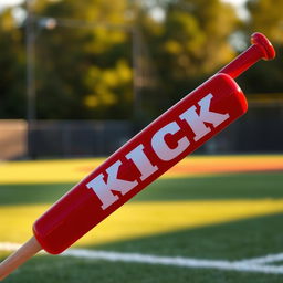 A vibrant red baseball bat featuring bold white letters spelling out "KICK" emblazoned down its length