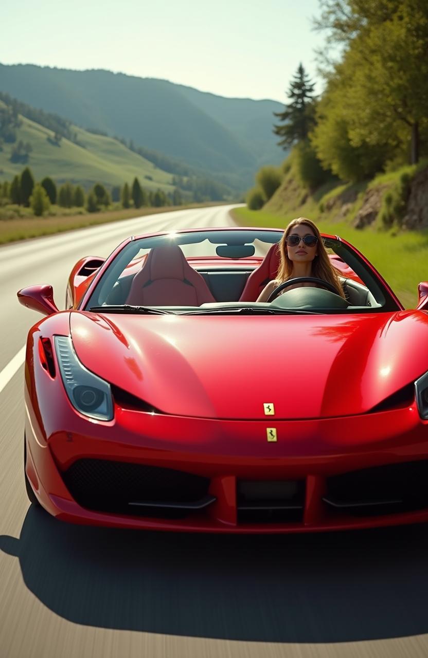 A stunning wide-angle photograph of a magnificent red Ferrari driving along a scenic route