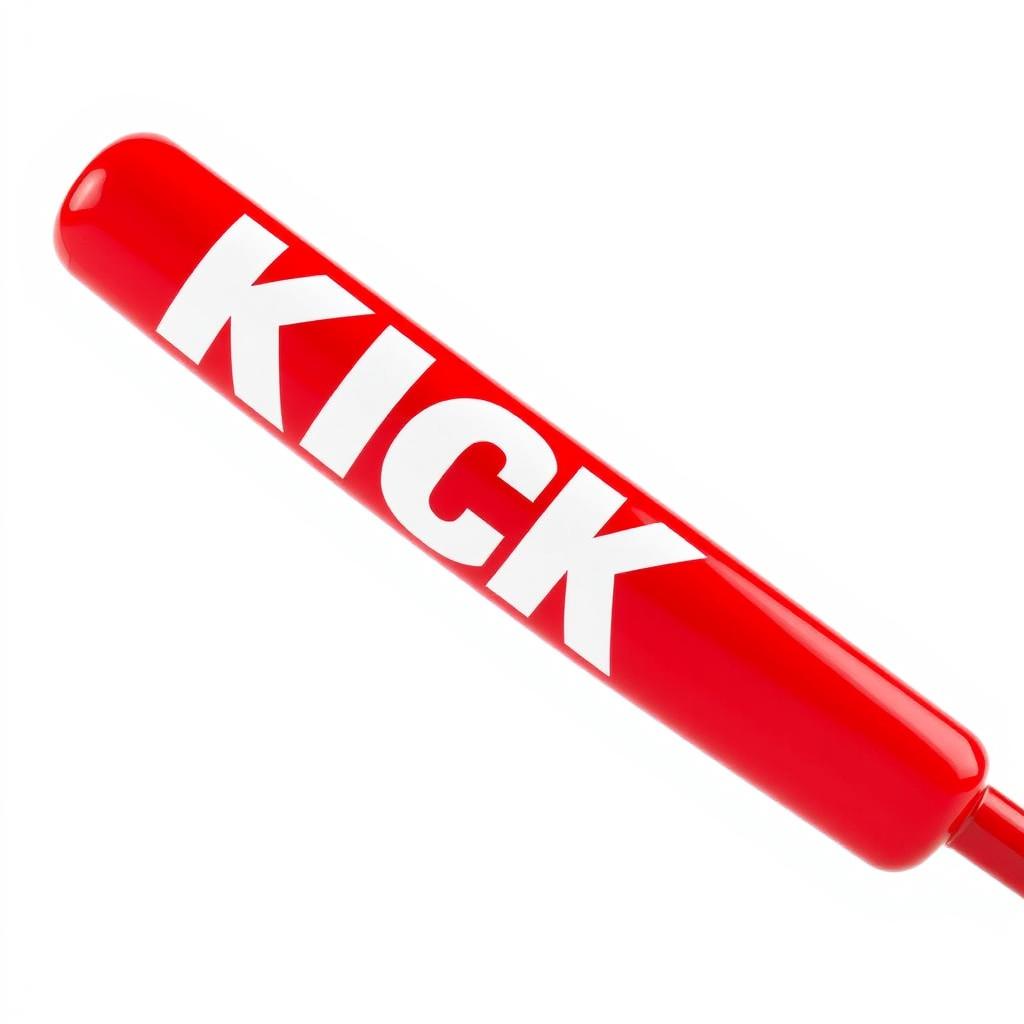 A full view of a vibrant red baseball bat with bold white letters spelling "KICK" prominently displayed along its length