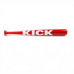 A full view of a vibrant red baseball bat with bold white letters spelling "KICK" prominently displayed along its length