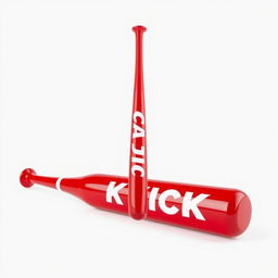 A full view of a vibrant red baseball bat with bold white letters spelling "KICK" prominently displayed along its length