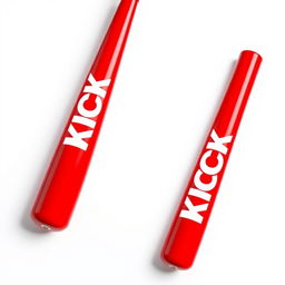 A full view of a vibrant red baseball bat with bold white letters spelling "KICK" prominently displayed along its length