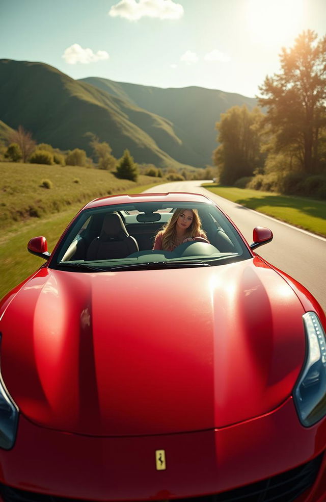 A stunning wide-angle photograph of a magnificent red Ferrari driving along a scenic route