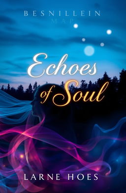 A captivating book cover design for "Echoes of Soul" featuring a mystical landscape at twilight