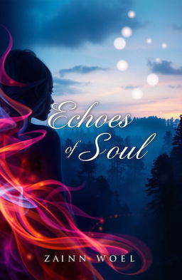 A captivating book cover design for "Echoes of Soul" featuring a mystical landscape at twilight