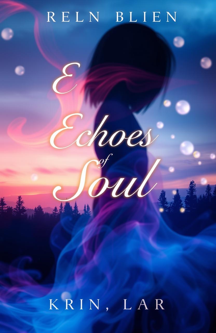 A captivating book cover design for "Echoes of Soul" featuring a mystical landscape at twilight