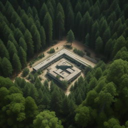 An aerial view of a state-of-the-art maximum-security penitentiary located in the center of a dense forest, surrounded by tall, lush trees.