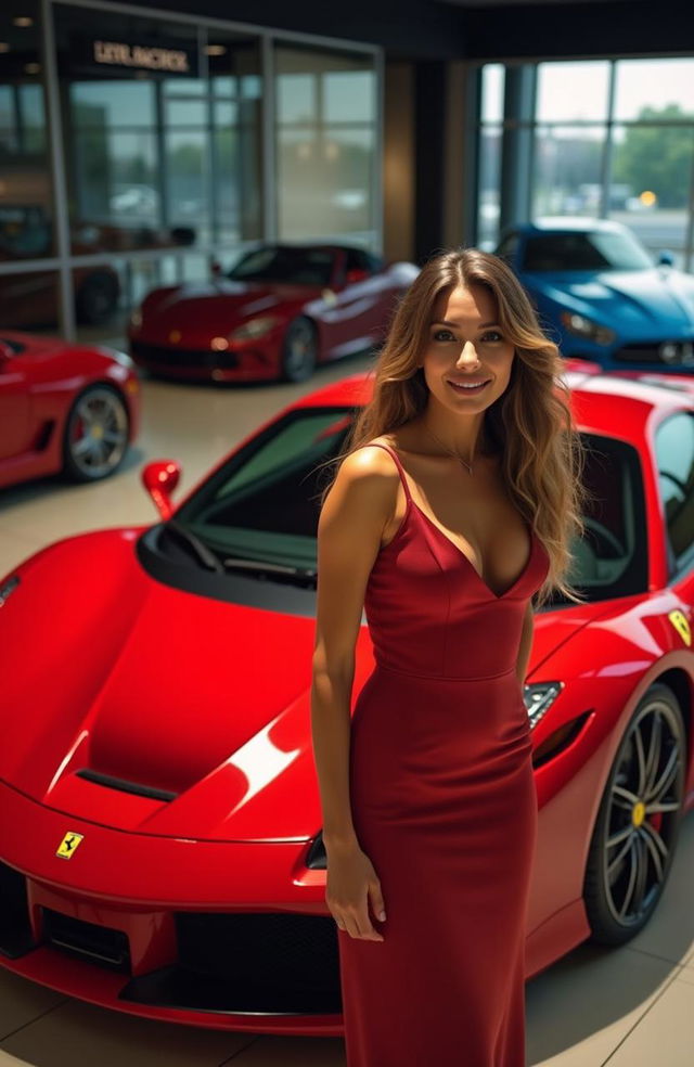 A stunning red Ferrari showcased in a luxurious showroom, with vibrant lighting highlighting its sleek curves and shiny paint