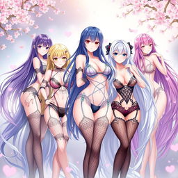 A collection of stunningly beautiful anime women, each with unique long flowing hair colors and styles, wearing an array of revealing, intricately designed lingerie that accentuates their curves