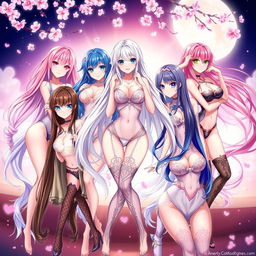 A collection of stunningly beautiful anime women, each with unique long flowing hair colors and styles, wearing an array of revealing, intricately designed lingerie that accentuates their curves