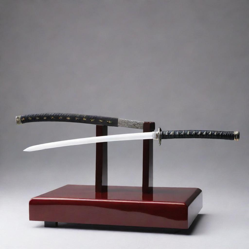 A finely crafted katana displayed elegantly on a red velvet-lined lacquered wooden stand, its gleaming steel blade reflecting faint light.