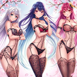 A collection of stunningly beautiful anime women, each with unique long flowing hair colors and styles, wearing an array of revealing, intricately designed lingerie that accentuates their curves