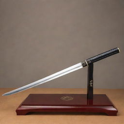 A finely crafted katana displayed elegantly on a red velvet-lined lacquered wooden stand, its gleaming steel blade reflecting faint light.