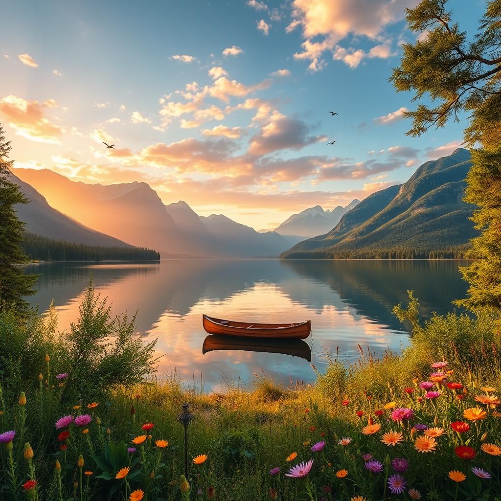 A serene landscape featuring a tranquil lake surrounded by majestic mountains