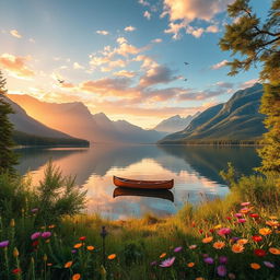 A serene landscape featuring a tranquil lake surrounded by majestic mountains