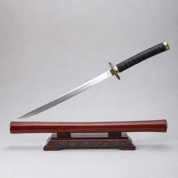 A finely crafted katana displayed elegantly on a red velvet-lined lacquered wooden stand, its gleaming steel blade reflecting faint light.