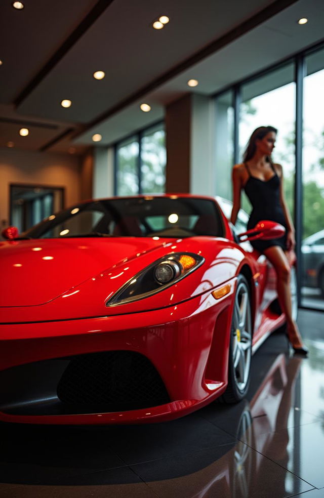 A stunning red Ferrari displayed prominently in a luxurious showroom, showcasing its sleek and aerodynamic design