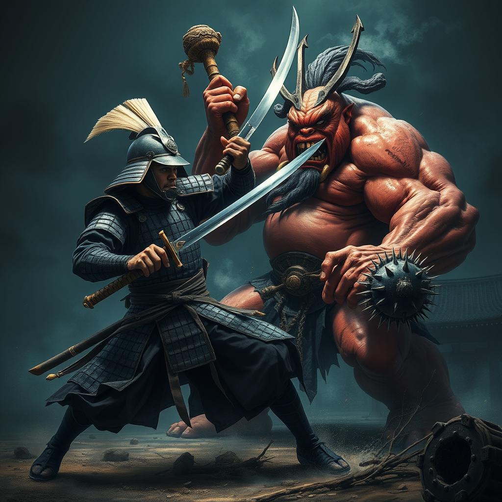 A dramatic scene depicting a fierce battle between a Japanese samurai and a menacing cyclops