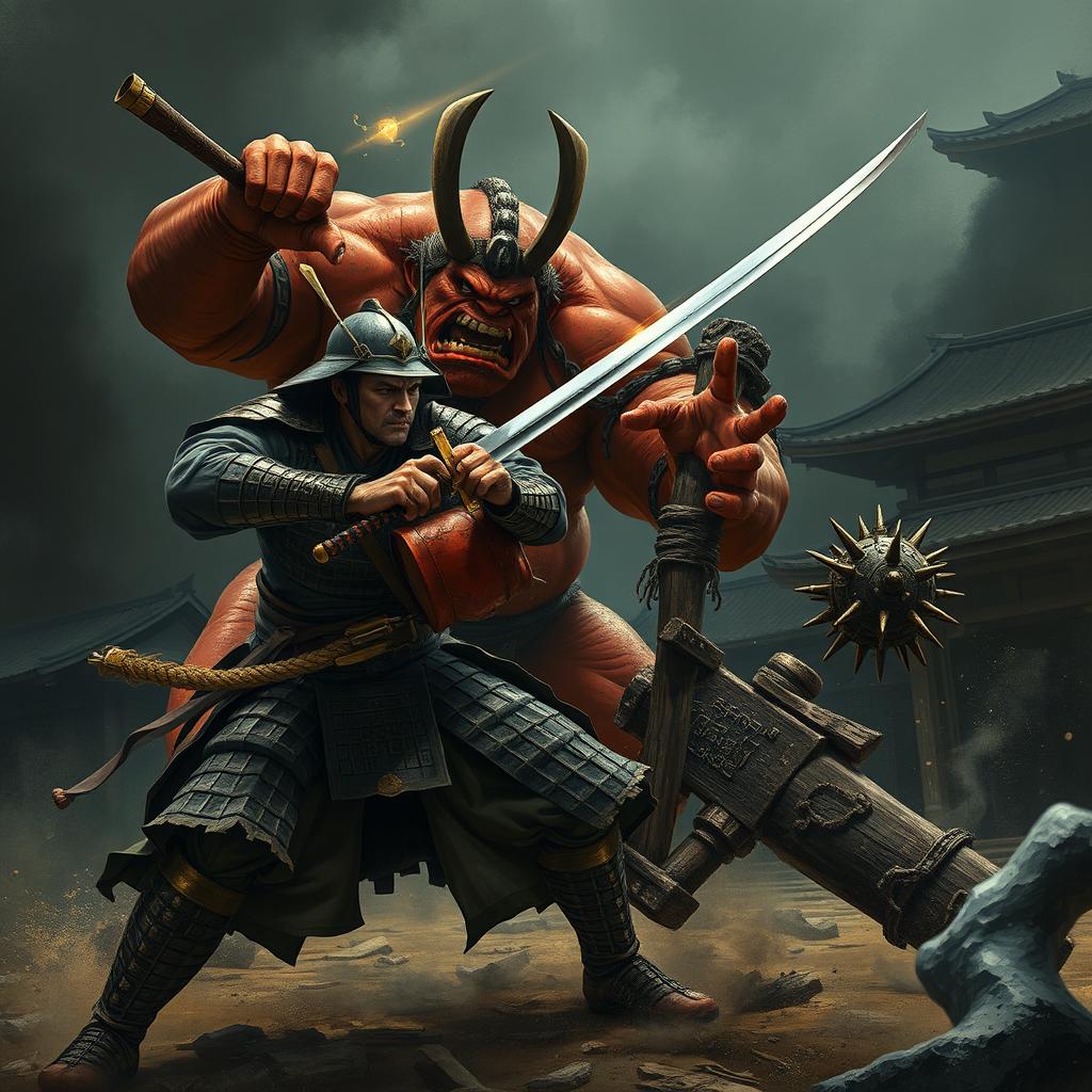 A dramatic scene depicting a fierce battle between a Japanese samurai and a menacing cyclops