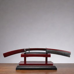 A finely crafted katana displayed elegantly on a red velvet-lined lacquered wooden stand, its gleaming steel blade reflecting faint light.