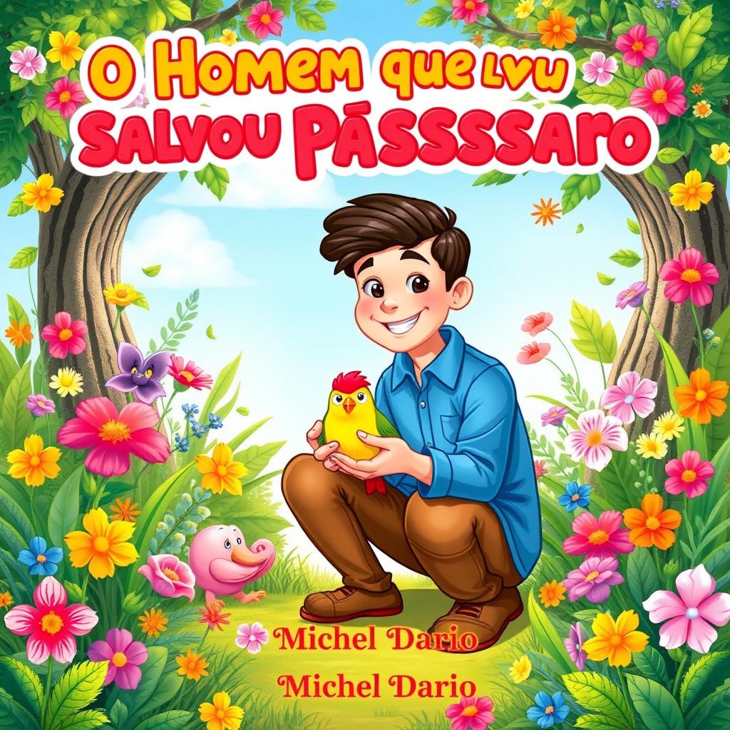 An enchanting eBook cover for a children's book titled 'O Homem que Salvou um Pássaro' by Michel Dario