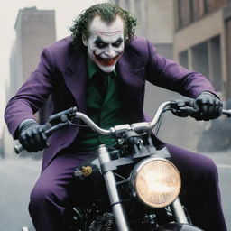 Iconic comic characters, Joker, wildly driving a motorcycle with Batman cautiously clinging behind.