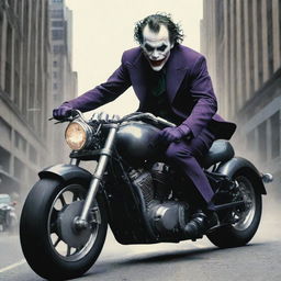 Iconic comic characters, Joker, wildly driving a motorcycle with Batman cautiously clinging behind.