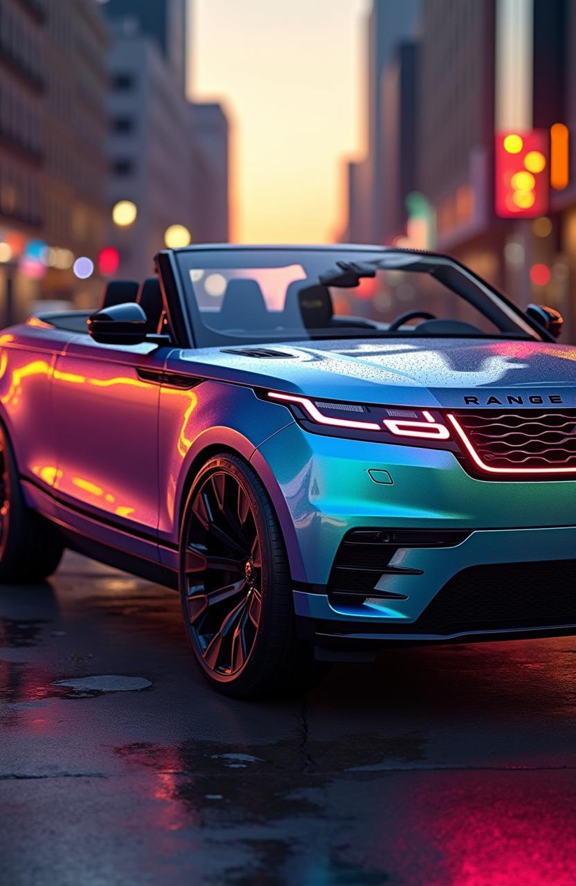 An ultra-modern concept convertible Range Rover exuding luxury and sophistication, featuring a striking and aggressive design with aerodynamic lines and a stunning iridescent paint finish that changes colors under different lighting