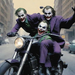 Iconic comic characters, Joker, wildly driving a motorcycle with Batman cautiously clinging behind.