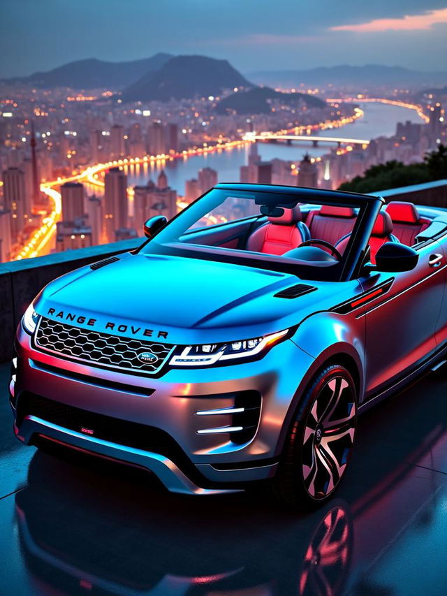 An ultra-modern concept convertible luxury Range Rover with an eye-catching design and dynamic features, showcased from a low angle to accentuate its sleek lines and aggressive stance