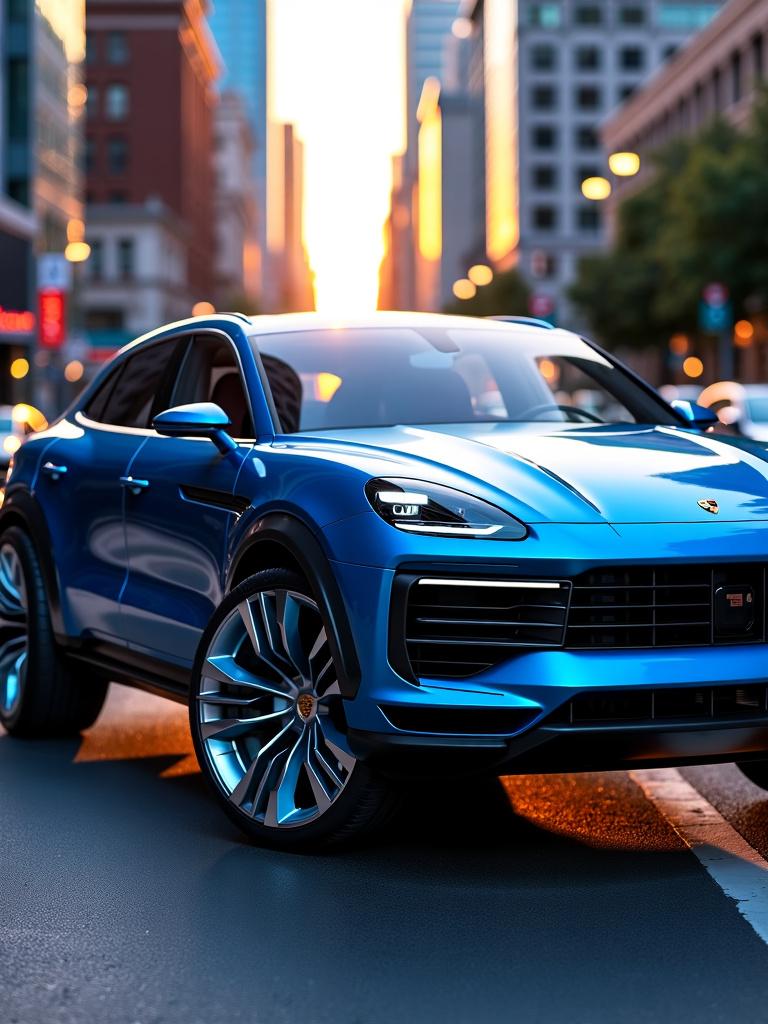 A stunning full shot of a futuristic Porsche SUV concept car, showcasing its sleek and aerodynamic design with sharp lines and a bold front grille