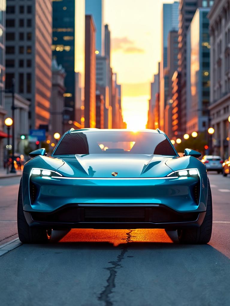 A stunning wide-angle shot of a futuristic Porsche SUV concept car, showcasing its sleek and aerodynamic design with sharp lines and a bold front grille