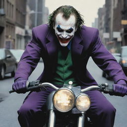 Iconic comic characters, Joker, wildly driving a motorcycle with Batman cautiously clinging behind.