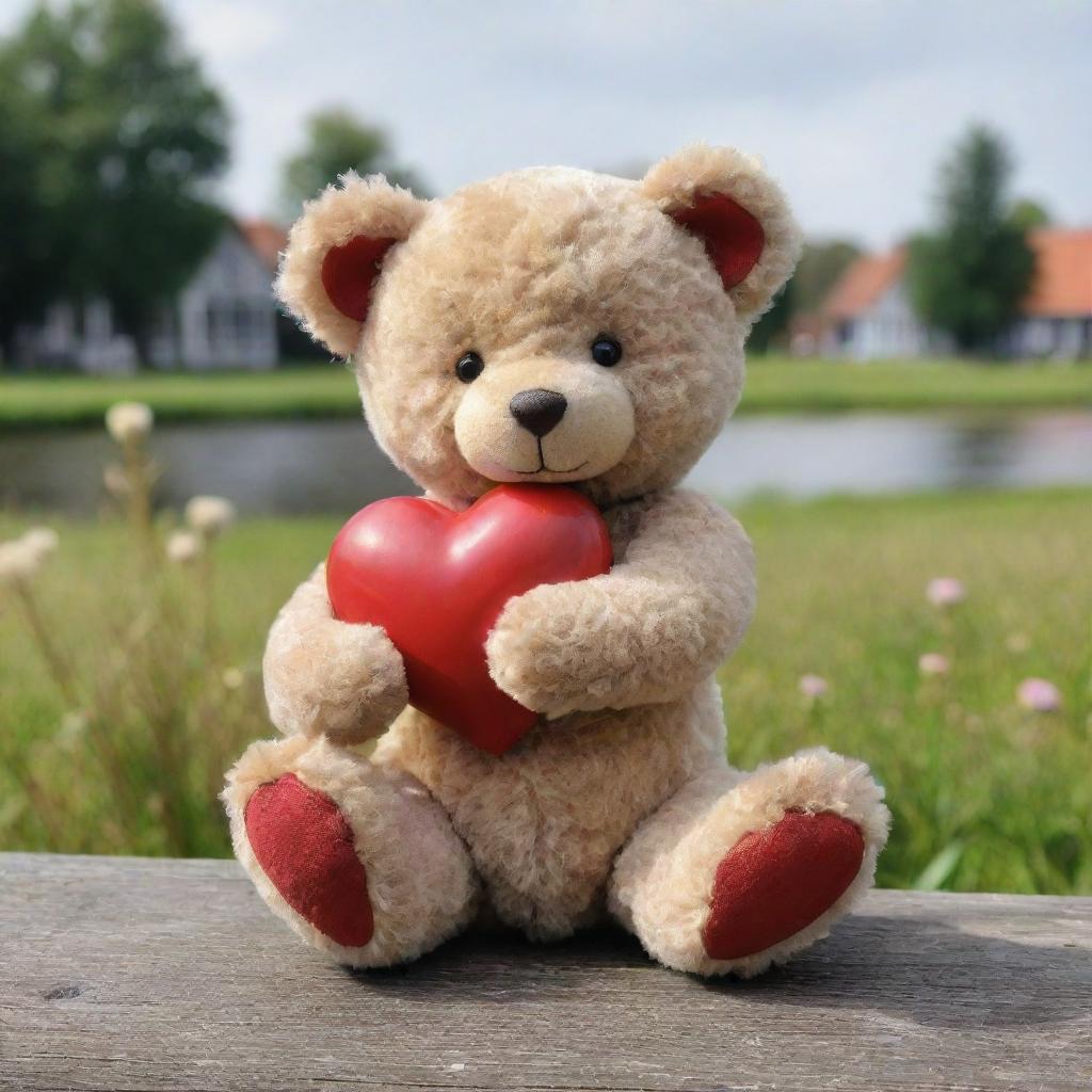 An endearing little teddy bear, situated in a picturesque Dutch setting, lovingly holding a heart that represents hope.