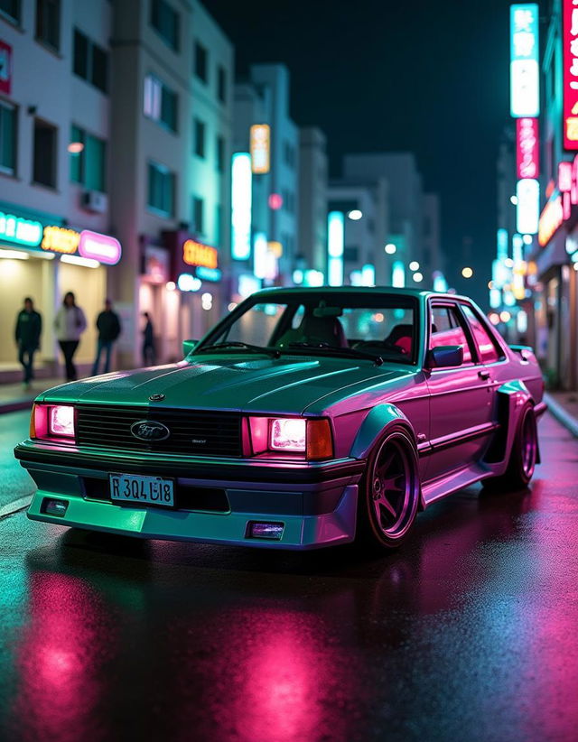 A classic Ford Mustang reimagined as a 1990s Japanese import car, featuring modified body lines with sleek curves and aggressive styling typical of JDM vehicles