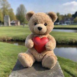 An endearing little teddy bear, situated in a picturesque Dutch setting, lovingly holding a heart that represents hope.