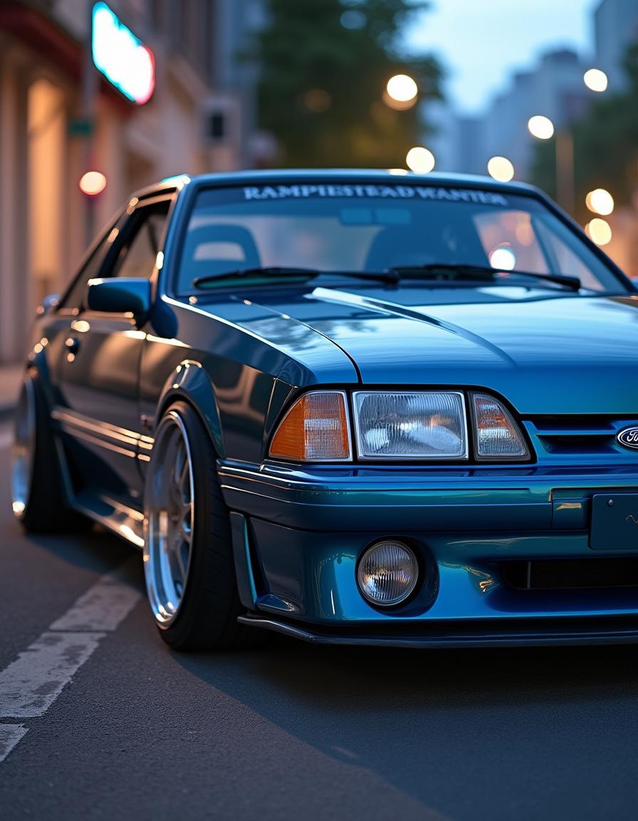 A classic Ford Mustang reimagined as a late 1990s to early 2000s Japanese import car, showcasing extensive modifications