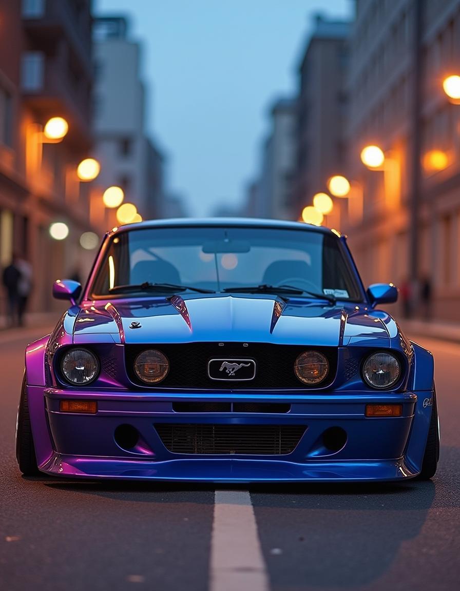 A classic Ford Mustang, distinctly recognizable with its iconic grille and long hood, reimagined as a 1990s Japanese import car