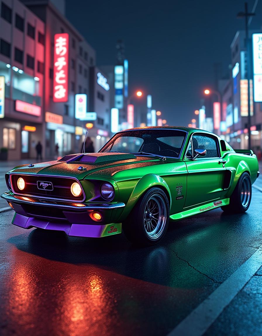 A classic Ford Mustang reimagined as a 1990s Japanese import car, showcasing modified body lines with sleek curves and aggressive styling typical of JDM vehicles