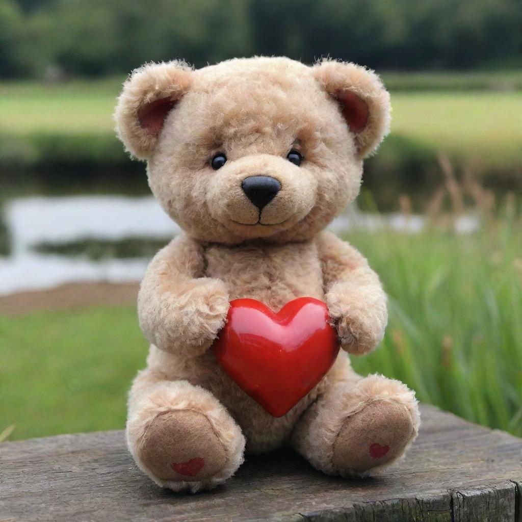 An endearing little teddy bear, situated in a picturesque Dutch setting, lovingly holding a heart that represents hope.