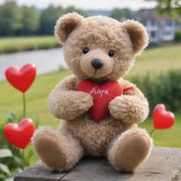 An endearing little teddy bear, situated in a picturesque Dutch setting, lovingly holding a heart that represents hope.