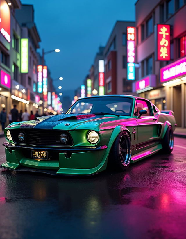 A classic Ford Mustang reimagined as a 1990s Japanese import car, captured in a zoomed-out perspective to showcase the full vehicle and its surroundings