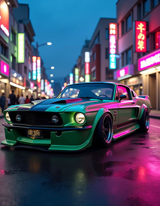 A classic Ford Mustang reimagined as a 1990s Japanese import car, captured in a zoomed-out perspective to showcase the full vehicle and its surroundings