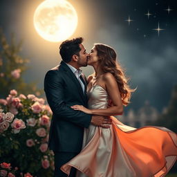 A sensual scene featuring a tastefully dressed couple in an intimate moment, sharing a soft kiss under the moonlight