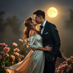 A sensual scene featuring a tastefully dressed couple in an intimate moment, sharing a soft kiss under the moonlight