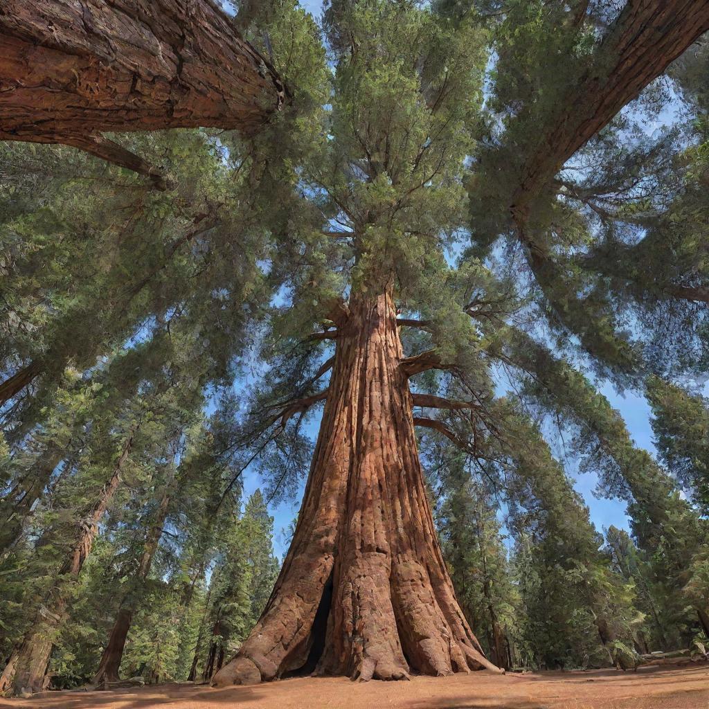 A spectacular image of the world's largest tree, the sequoia nicknamed General Sherman. Its massive trunk and sprawling branches hold a dizzying array of lush, green foliage, standing as a testament to nature's awe-inspiring grandeur.