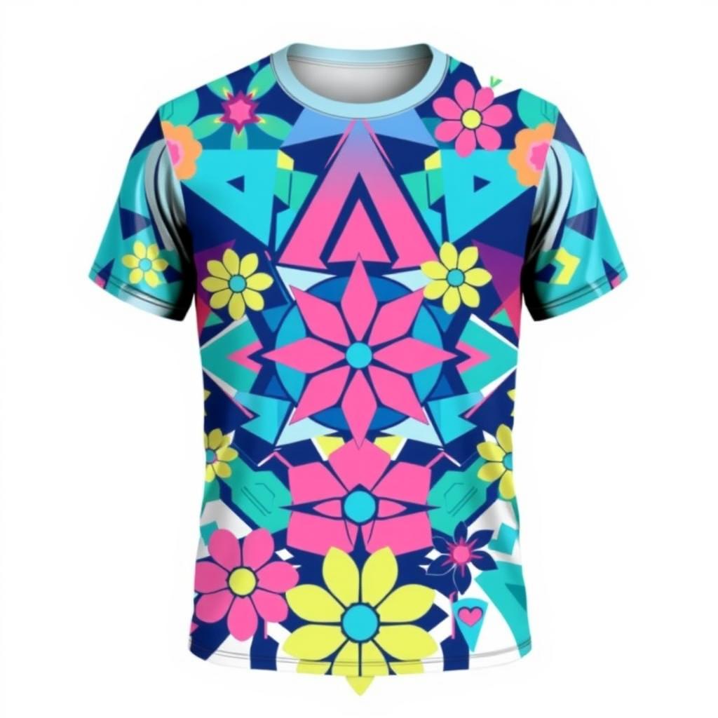 A vibrant and eye-catching T-shirt design featuring a stylized, colorful geometric pattern interwoven with floral elements